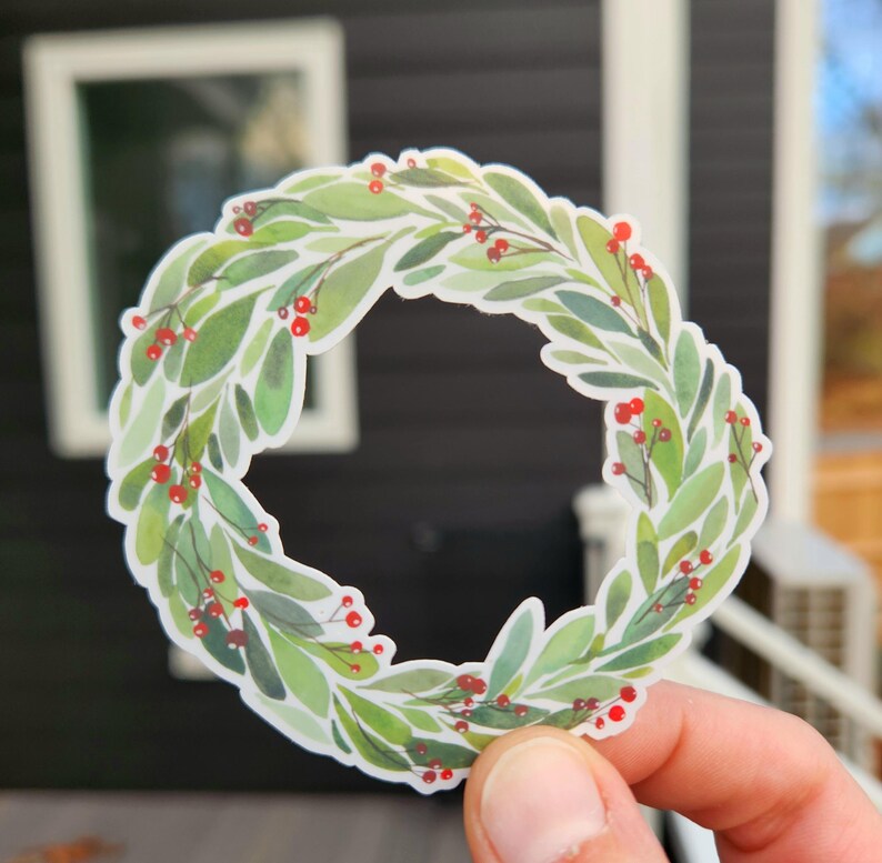 Christmas wreath sticker, holiday wreath sticker, winter wreath sticker, Christmas sticker, holiday sticker, winter sticker, wreath sticker, vinyl sticker, waterproof sticker, gift sticker, christmas gift, stocking stuffer sticker, illustrated sticker, watercolor sticker, watercolor christmas wreath, sticker shop, handmade art
