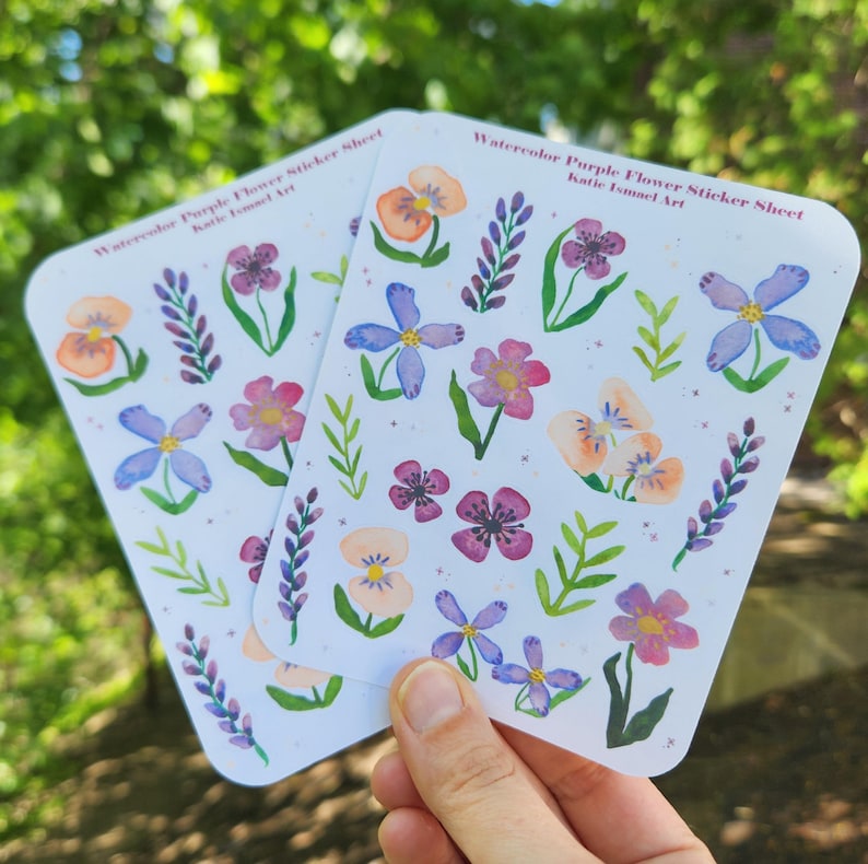 Purple Flower Sticker Sheets, Watercolor Floral Planner Journal ...