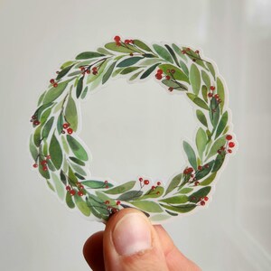 Christmas wreath sticker, holiday wreath sticker, winter wreath sticker, Christmas sticker, holiday sticker, winter sticker, wreath sticker, vinyl sticker, waterproof sticker, gift sticker, christmas gift, stocking stuffer sticker, illustrated sticker, watercolor sticker, watercolor christmas wreath, sticker shop, handmade art