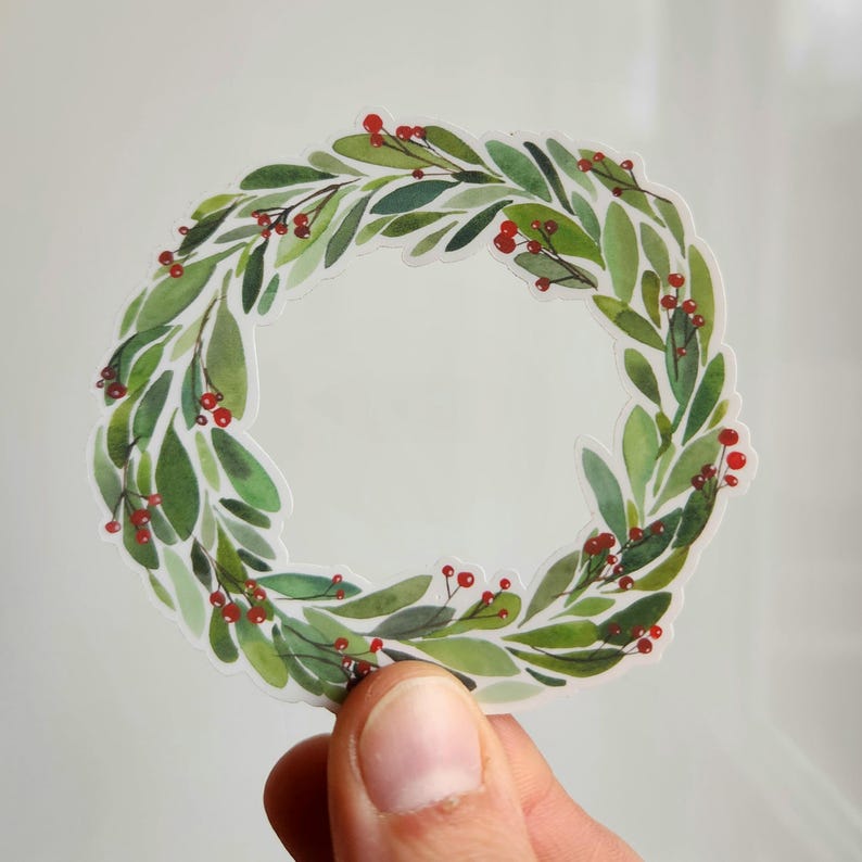 Christmas wreath sticker, holiday wreath sticker, winter wreath sticker, Christmas sticker, holiday sticker, winter sticker, wreath sticker, vinyl sticker, waterproof sticker, gift sticker, christmas gift, stocking stuffer sticker, illustrated sticker, watercolor sticker, watercolor christmas wreath, sticker shop, handmade art
