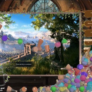 May include: A digital art scene featuring a medieval city with a fortress, mountains, and a blue sky. Colorful orbs and shapes float in the air. A character with green hair and horns is in the foreground.
