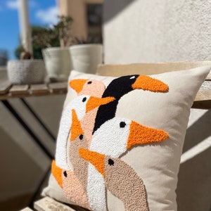 Handmade Punch Needle Duck Pillow Cover: Whimsical Linen Cushion