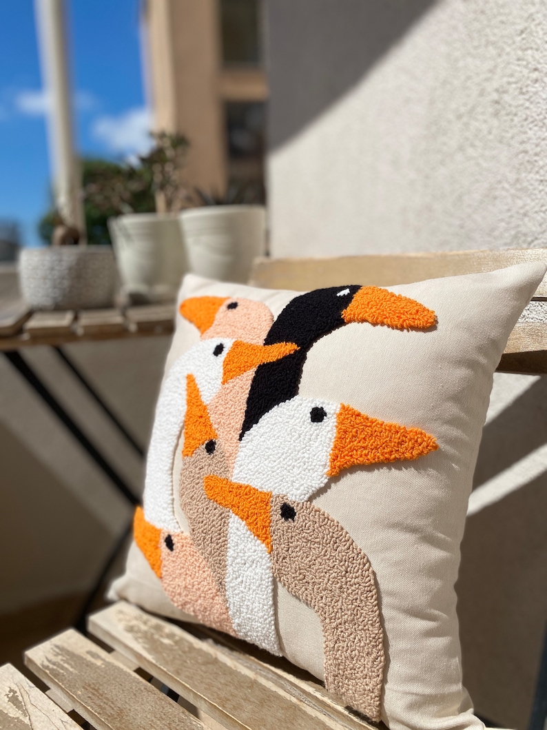 Handmade Punch Needle Duck Pillow Cover: Whimsical Linen Cushion
