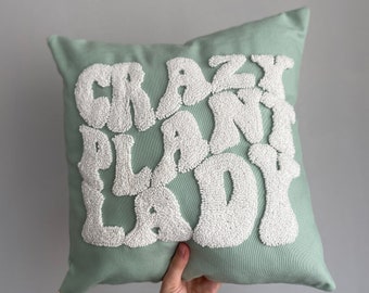 Punch Needle Crazy Plant Lady Cushion Cover, Cute Throw Pillow, Embroidered Pillow, Plant Parent, Custom Throw Pillow, Unique Throw Pillow
