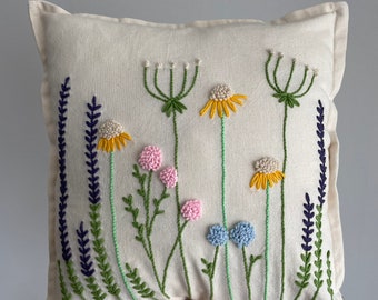 Wildflowers Handmade Punch Needle Embroidery Pillow Cover , Tufting Pillow, Punch Pillow, Pillow Case, Country Style Cushion Cover