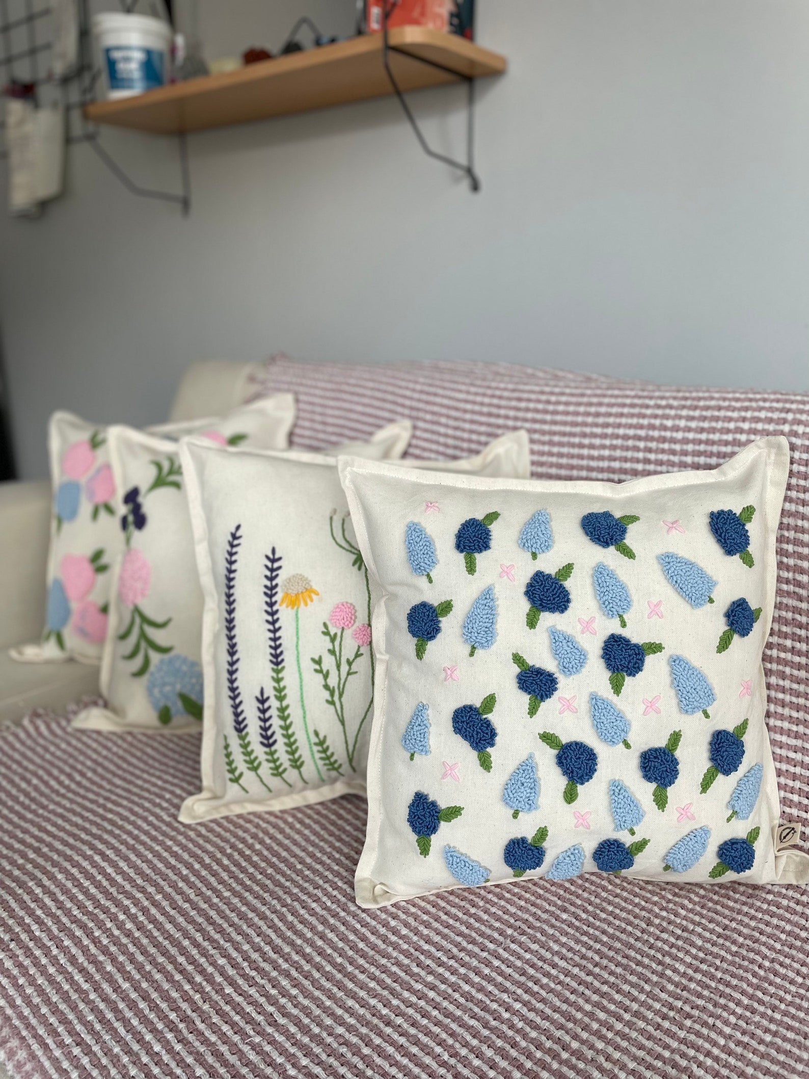 Floral Handmade Punch Needle Embroidery Pillow Cover Tufting Etsy