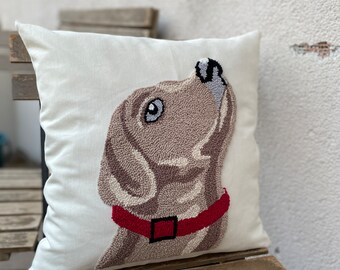 ハンドメイドの犬のパンチニードル枕カバー：リネンのスロークッション