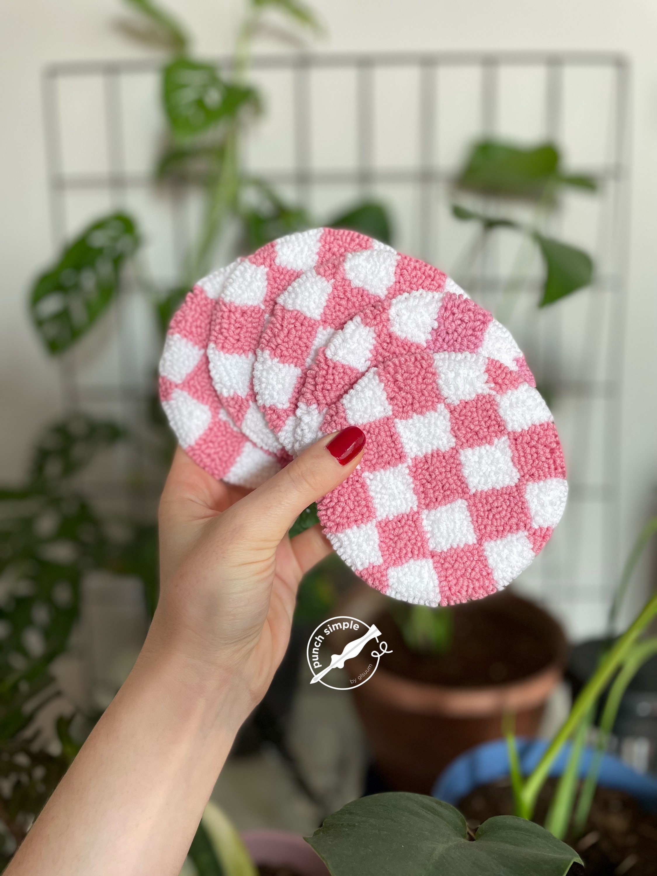 手作りパンチニードルコースター：刺繍入りチェッカー＆スマイル
