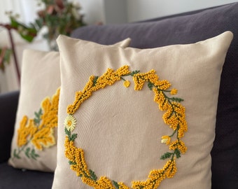 Punch Needle Embroidery Mimosa Pillow Cover , Hand Tufting Pillow, Pillow Case, Cushion Cover, Floral Pillow Case