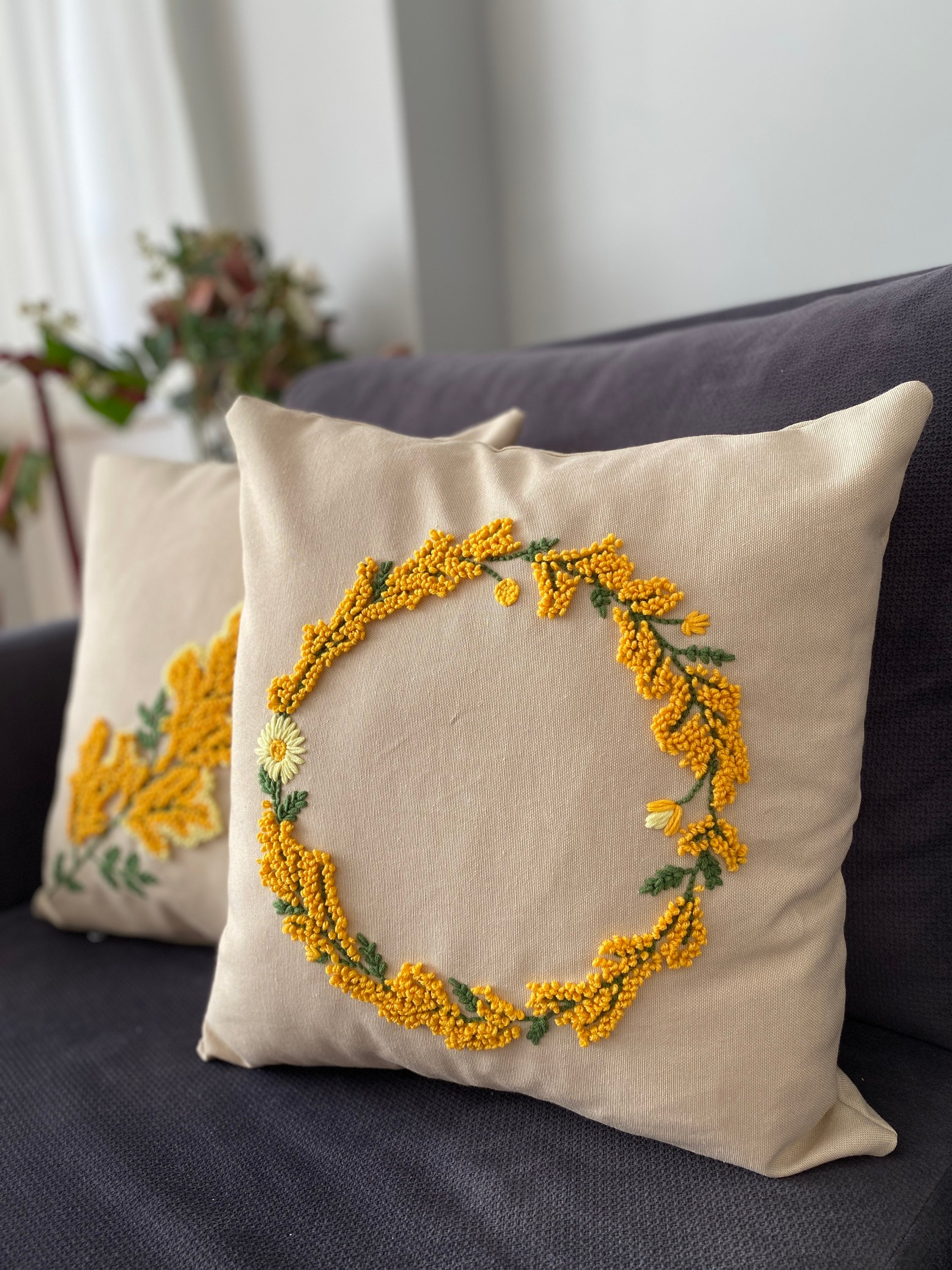Hand Tufted Mimosa Pillow Cover: Floral Linen Cushion Case