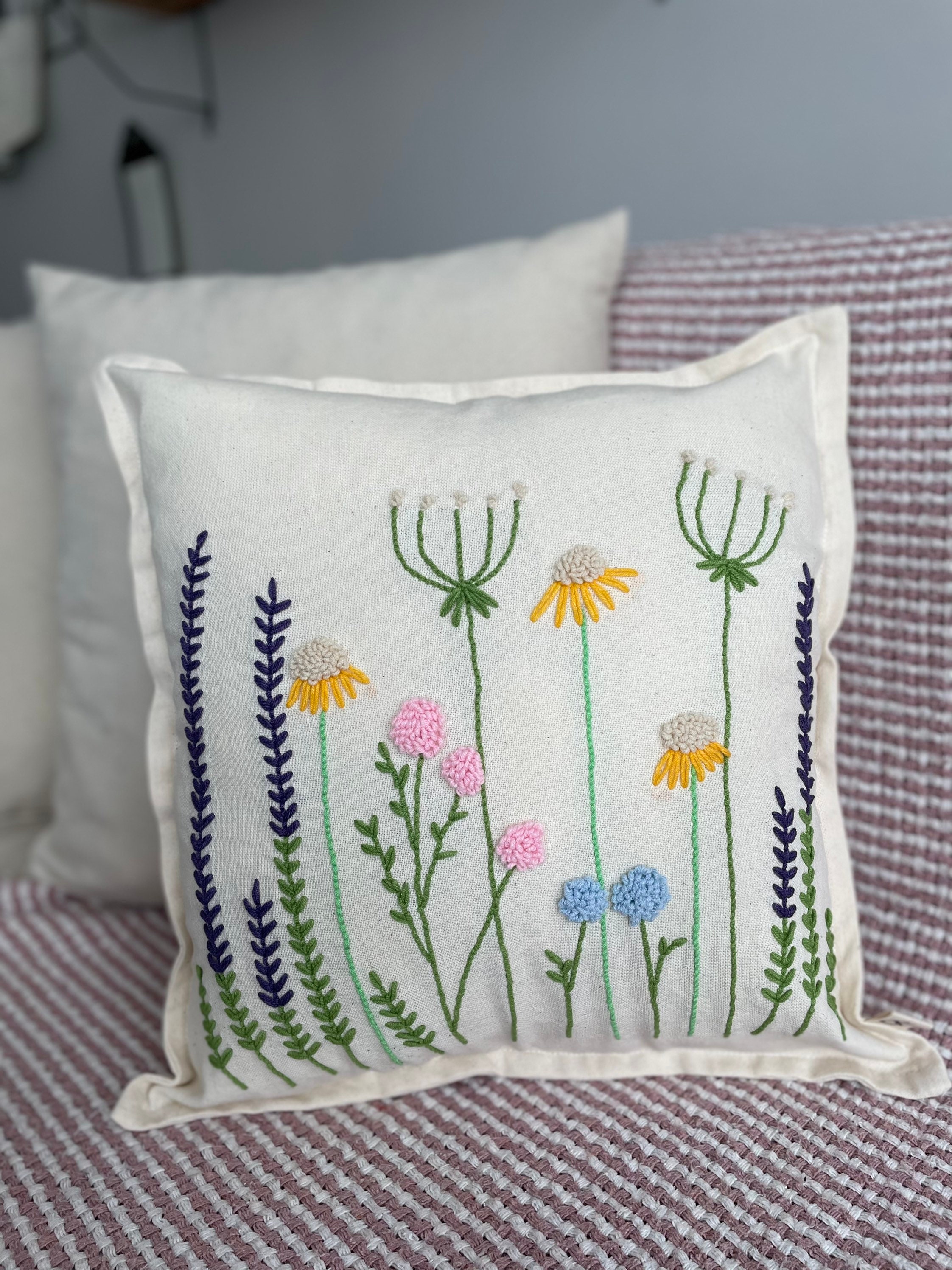 Wildflowers Handmade Punch Needle Embroidery Pillow Cover Etsy