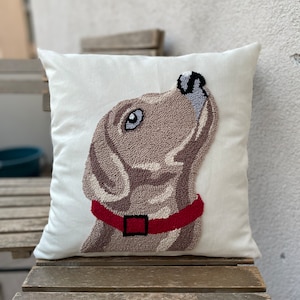 Handmade Dog Punch Needle Pillow Cover: Linen Throw Cushion (40cm)