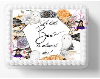 Little Boo Is Due Edible Image Birthday Halloween Neutral Baby Shower Ghost Cake Topper Frosting Sheet Sugar Sheets Customized Personalized