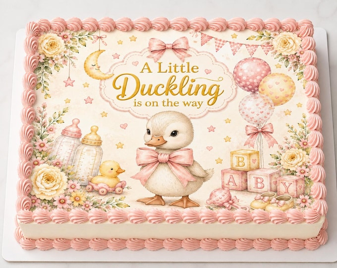 Pink Little Duckling on Way Edible Image Spring Baby Shower 1st Birthday Party Cake Topper Edible Frosting Sheet Easy 2 Apply Can Edit Words