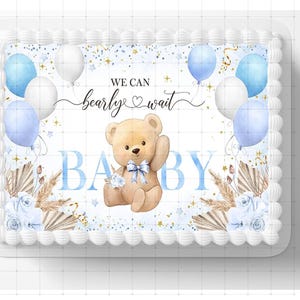 Blue Bearly Wait Balloon Bear Themed Edible Image Boy Baby Shower Party ...