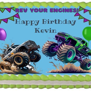 Personalized Monster Truck Bash Edible Image Theme Birthday Party Cake Topper Thin Fondant Frosting Sheet Icing Frosting, Smash & Crash