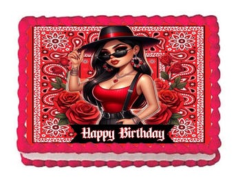 Latina Chingona Bad Ass Homegirl Lowrider Chicana Edible Image Edible Birthday Cake Topper Frosting Sheet Red Bandana Cake Decoration Decal