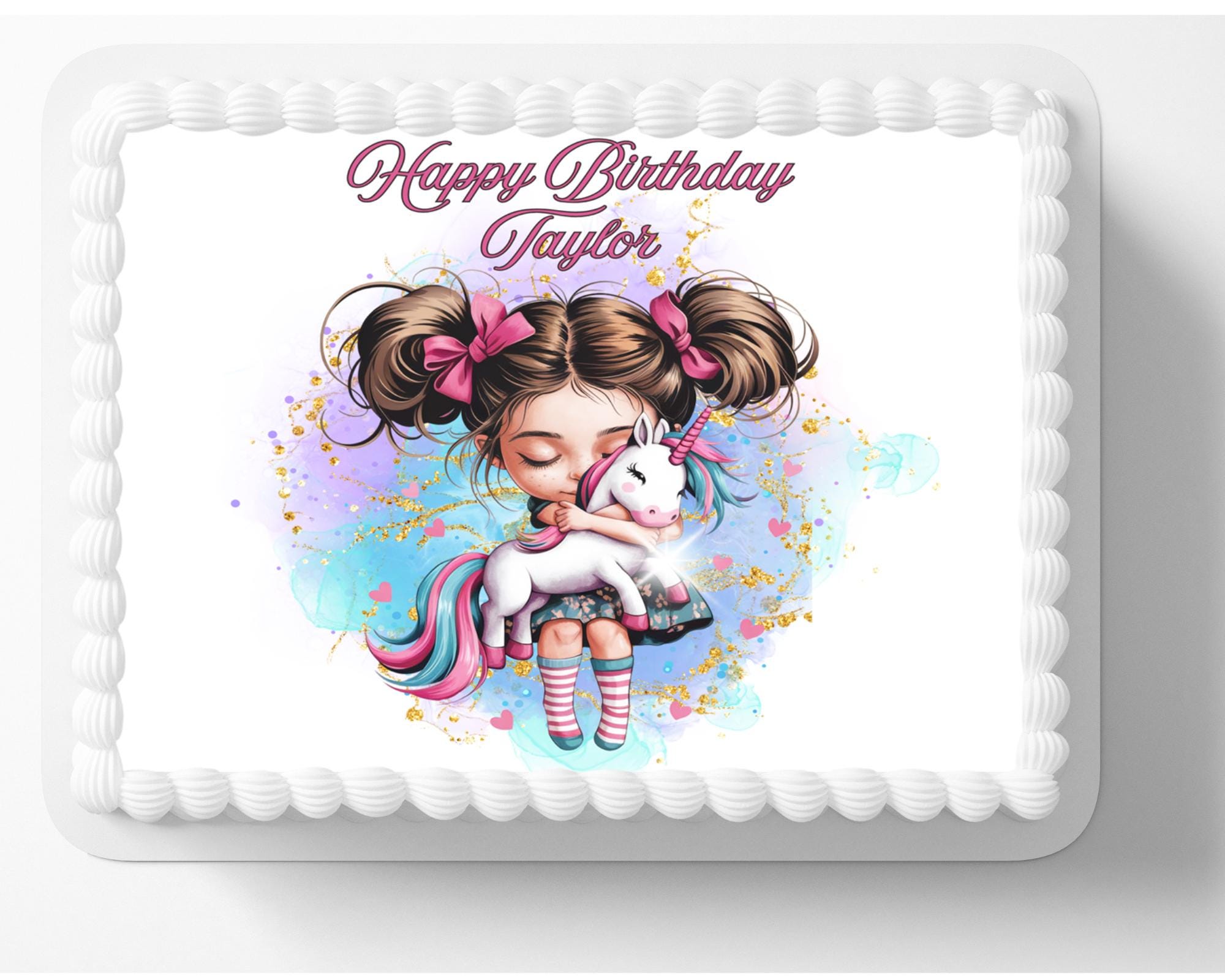 Girl W/ Baby Unicorn Edible Image Unicorn Party Themed Birthday Party Edible Cake Topper Frosting Sheet Icing Frosting Edible Sticker Decal