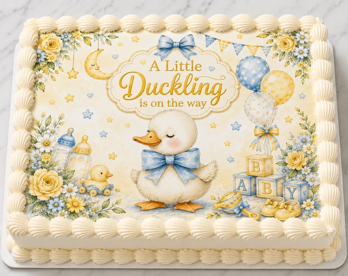 Blue Little Duckling on Way Edible Image Spring Baby Shower 1st Birthday Party Cake Topper Edible Frosting Sheet Easy 2 Apply Can Edit Words