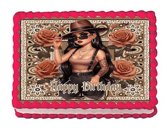 Latina Chingona BadAss Homegirl Lowrider Chicana Edible Image Edible Birthday Cake Topper Frosting Sheet Brown Bandana Cake Decoration Decal