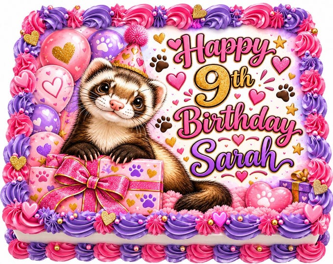 Cute Girl Pet Ferret Theme Edible Image Pink Party Edible Birthday Cake Topper Decoration Frosting Sheet Customized Easy To Apply