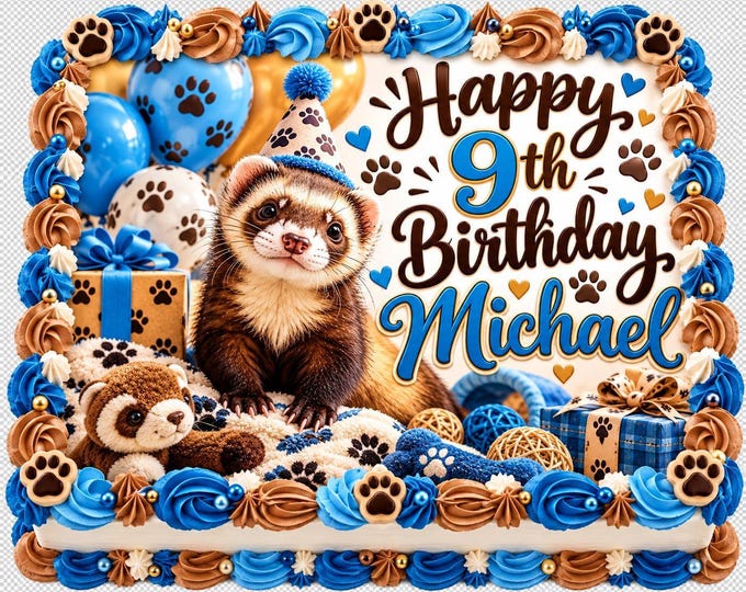 Cute Boy Pet Ferret Theme Edible Image Blue Party Edible Birthday Cake Topper Decoration Frosting Sheet Customized Easy To Apply