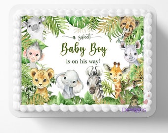 Jungle Zoo Safari Animals Edible Image Sweet Baby Boy Themed Baby Shower Party Cake Topper Frosting Sheet Icing Frosting Edible Sticker