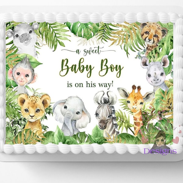 Jungle Zoo Safari Animals Edible Image Sweet Baby Boy Themed Baby Shower Party Cake Topper Frosting Sheet Icing Frosting Edible Sticker