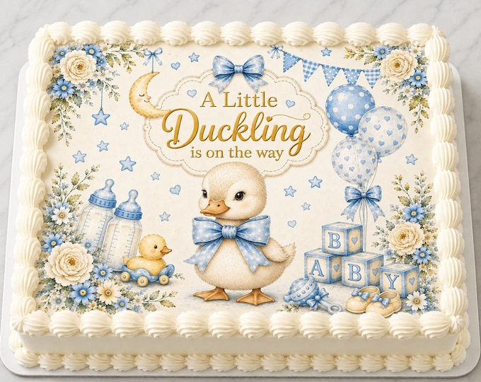 Blue Little Duckling on Way Edible Image Spring Baby Shower 1st Birthday Party Cake Topper Edible Frosting Sheet Easy 2 Apply Can Edit Words
