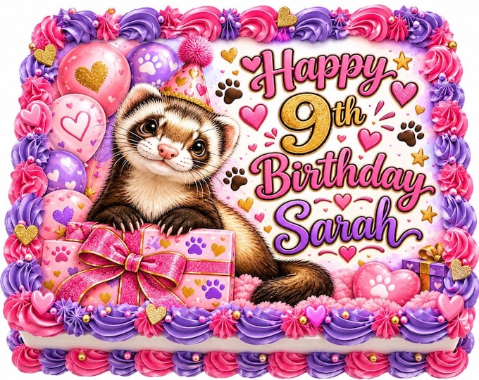 Cute Girl Pet Ferret Theme Edible Image Pink Party Edible Birthday Cake Topper Decoration Frosting Sheet Customized Easy To Apply