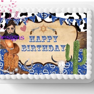 Cowboy Western Theme Edible Image Blue Bandana & Boots Birthday Party Edible Cake Topper Frosting Sheet Customized Easy To Apply