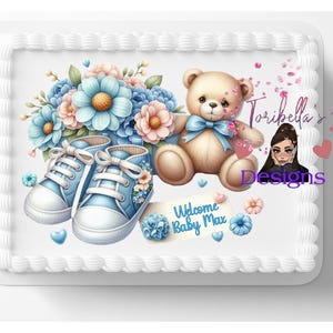 Baby Boy Shoes Baby Shower Edible Image Cute Blue Sneakers Themed First Birthday Party Cake Topper Frosting Sheet Edible Sticker Decal