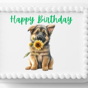German Shepard Puppy & Sunflowers Edible Image, Edible Cake Toppers, Birthday Cake Frosting Sheet Sugar Sheets Customized Personalized