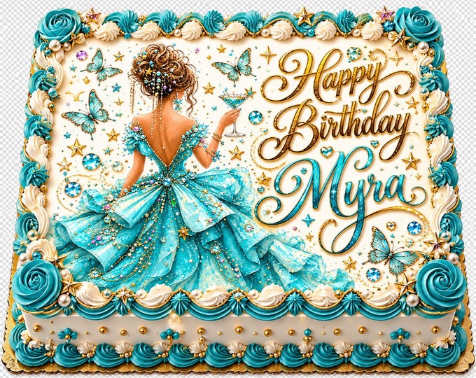 Elegant and Shiny Blue Birthday Girl Edible Image Glamorous Themed Edible Party Cake Topper Frosting Sheet Personalized Custom Cake Decal