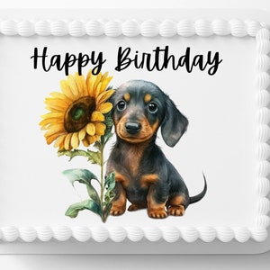 Dachshund Puppy & Sunflowers Edible Image, Edible Cake Toppers, Birthday Cake Topper Frosting Sheet Sugar Sheets Customized Personalized