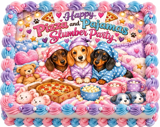 Dachshund Theme Edible Image  Sleepover Slumber Pizza Party Edible Birthday Cake Topper Decoration Frosting Sheet Customized Easy To Apply