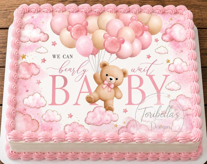 We Can Bearly Wait Edible Image Edible Pink Girl Balloon Bear Baby Shower Cake Topper Frosting Sheet Icing Paper Cake Decoration Edible