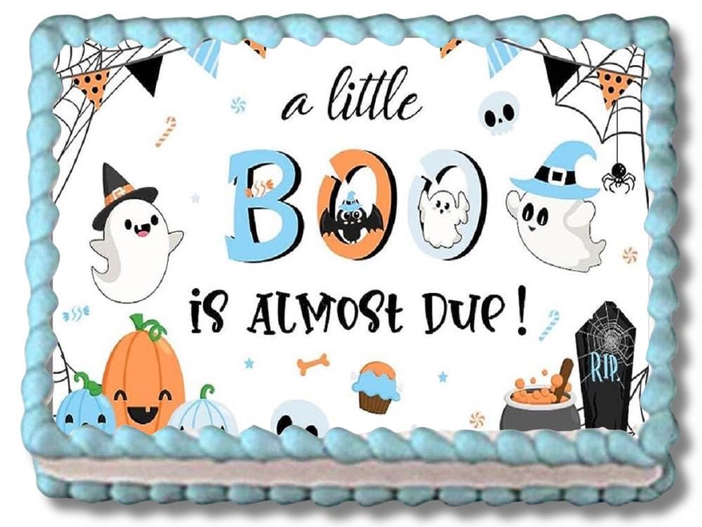 Little Boo Is Due Edible Image Birthday Halloween Neutral Baby Shower Ghost Cake Topper Frosting Sheet Sugar Sheets Customized Personalized