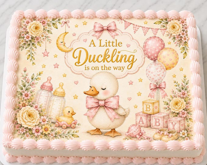 Pink Little Duckling on Way Edible Image Spring Baby Shower 1st Birthday Party Cake Topper Edible Frosting Sheet Easy 2 Apply Can Edit Words