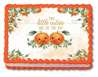 Two Cuties are on The Way Tangerines Oranges Twins Themed Baby Shower Party Cake Topper Frosting Sheet Icing Frosting Edible Sticker Cutie