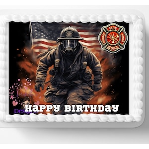 Firefighter Edible Image Congratulations, Birthday, Fireman Themed Birthday Party Cake Topper Frosting Sheet Edible Icing Sticker Decal 01