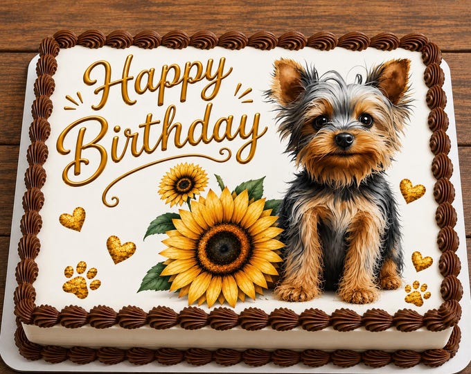 Yorkie Puppy & Sunflowers Edible Image, Cute Dog Edible Cake Toppers Birthday Cake Topper Frosting Sheet Sugar Sheet Customized Personalized