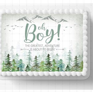 Personalized Oh Boy Forest Adventure Edible Image Neutral Color Themed Baby Shower Party Cake Topper Frosting Sheet Icing Edible Sticker
