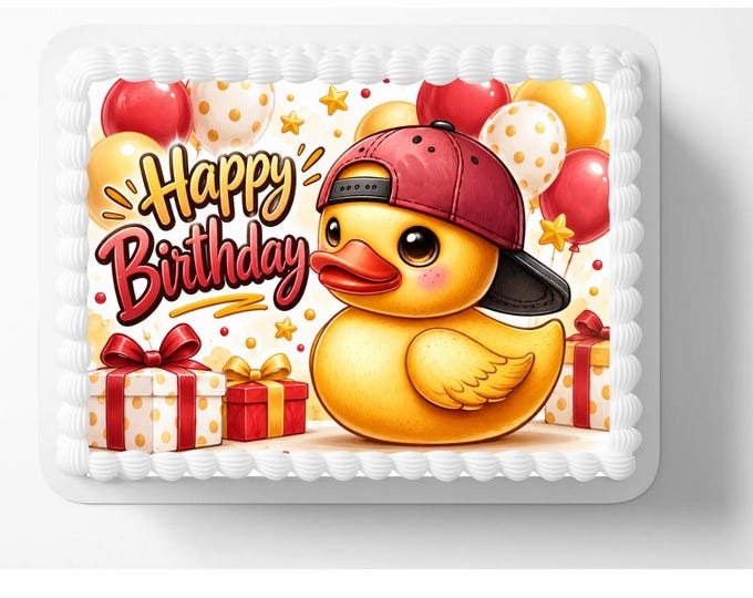 Cool Rubber Duck With Ball Cap Happy Birthday Edible Image Edible Birthday Cake Topper Frosting Sheet Icing Decoration Edible Cake Sticker