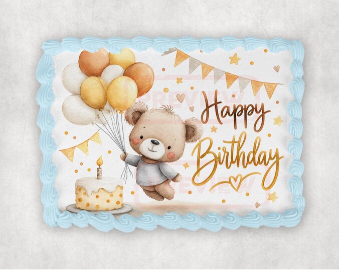 Cute Happy Birthday Edible Image Edible Teddy Bear Birthday Cake Topper Frosting Sheet Icing Paper Cake Decoration Edible Cake Sticker Decal