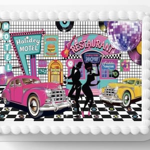 50&#39;s Diner Sock Hop Edible Image Retro Themed Birthday Party Cake Topper Frosting Sheet Icing Frosting Edible Sticker Decal