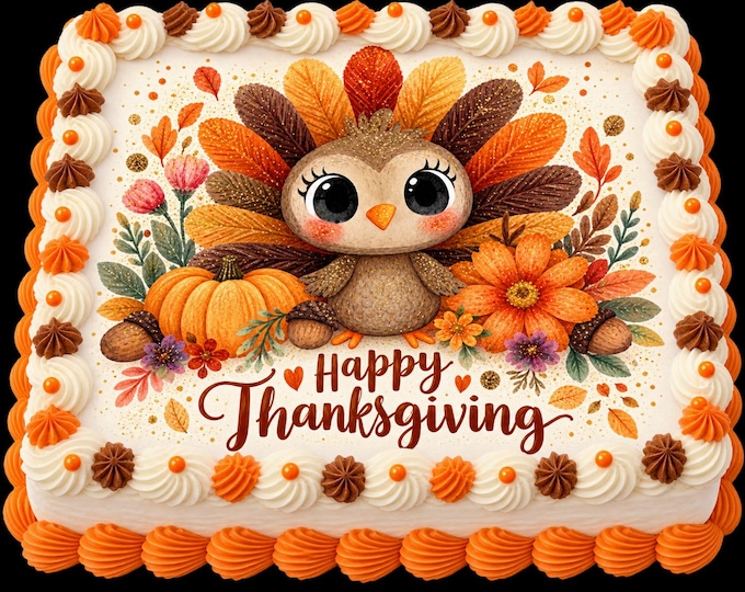 Adorable Cute Turkey Edible Image Thanksgiving Friendsgiving Cake Topper Frosting Sheet Sugar Sheets Customized Personalized