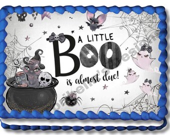 A Little Boo Is Due Edible Image Birthday Halloween Baby Shower Ghost Cake Topper Frosting Sheet Sugar Sheets Customized Personalized