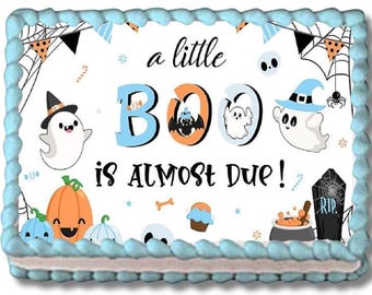 Little Boo Is Due Edible Image Birthday Halloween Neutral Baby Shower Ghost Cake Topper Frosting Sheet Sugar Sheets Customized Personalized