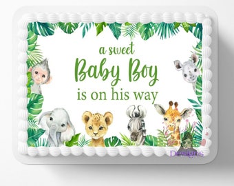 Jungle Zoo Safari Animals Edible Image Sweet Baby Boy Themed Baby Shower Party Cake Topper Frosting Sheet Icing Frosting Edible Sticker
